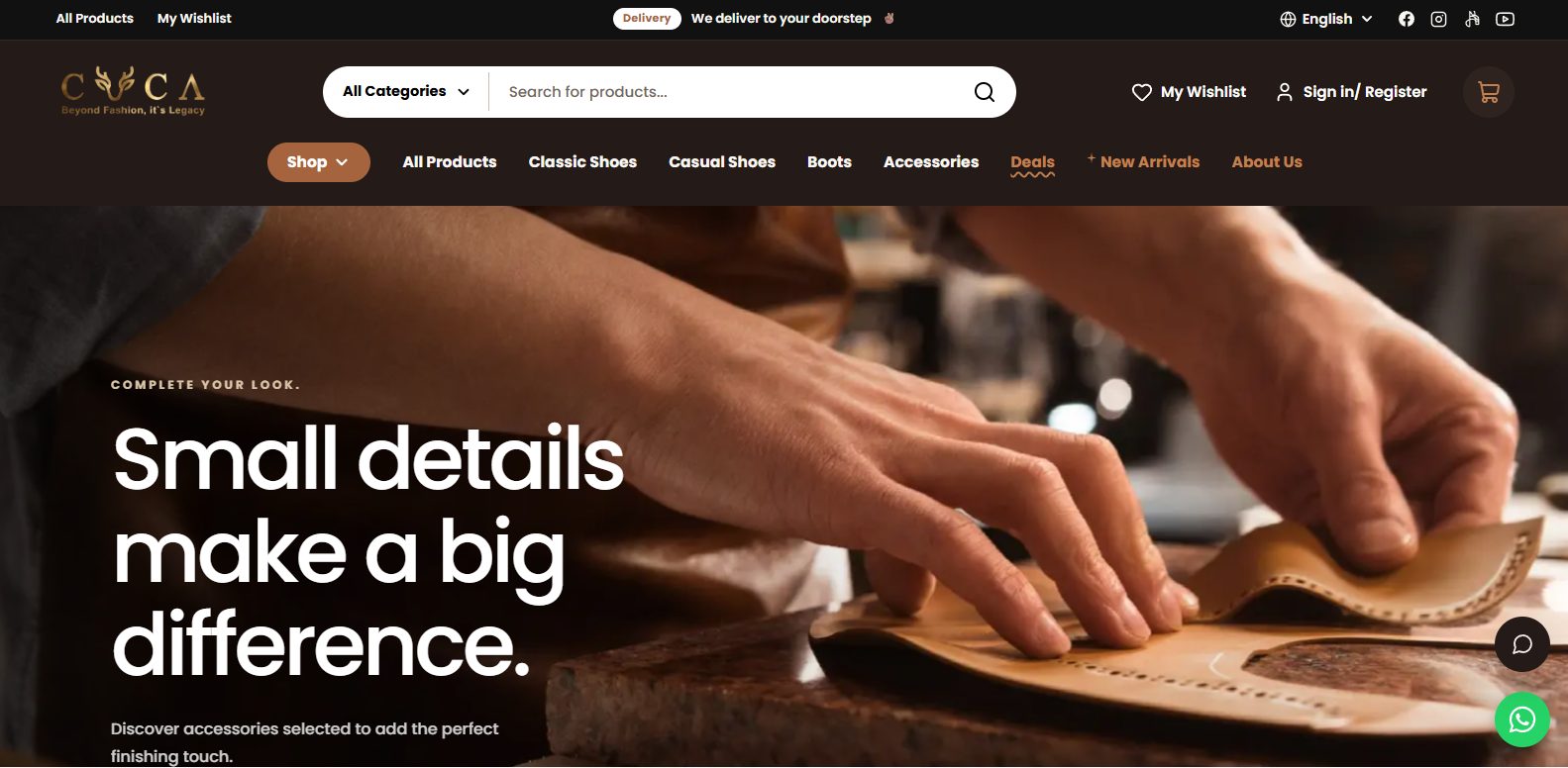 CUCA homepage hero showing handcrafted leather shoemaking