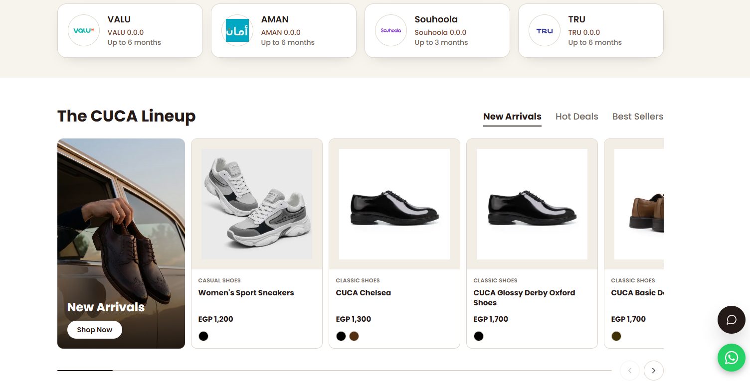 New Arrivals product carousel on the CUCA homepage