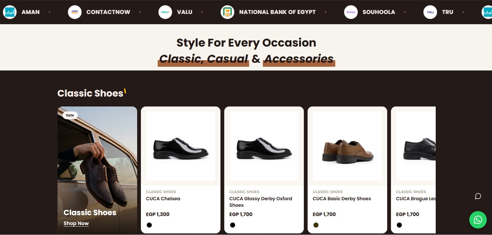 Classic Shoes category showcase with installment provider logos