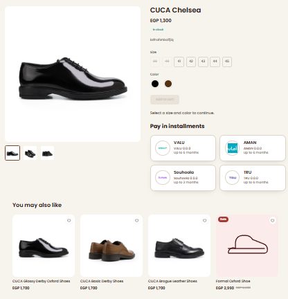 Product page for the CUCA Chelsea shoe with size, colour, and installment options