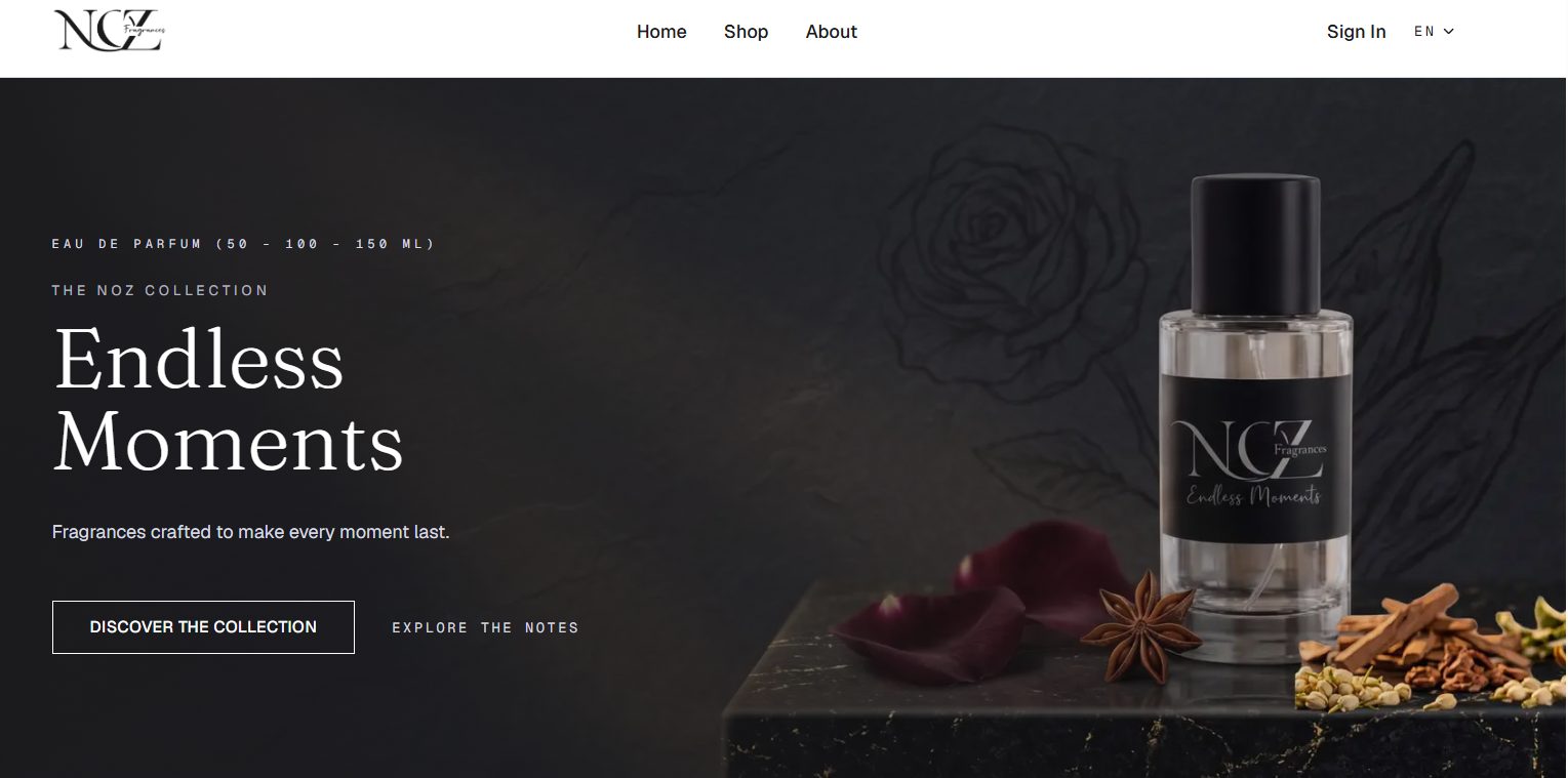NOZ Fragrances homepage hero for the Endless Moments collection