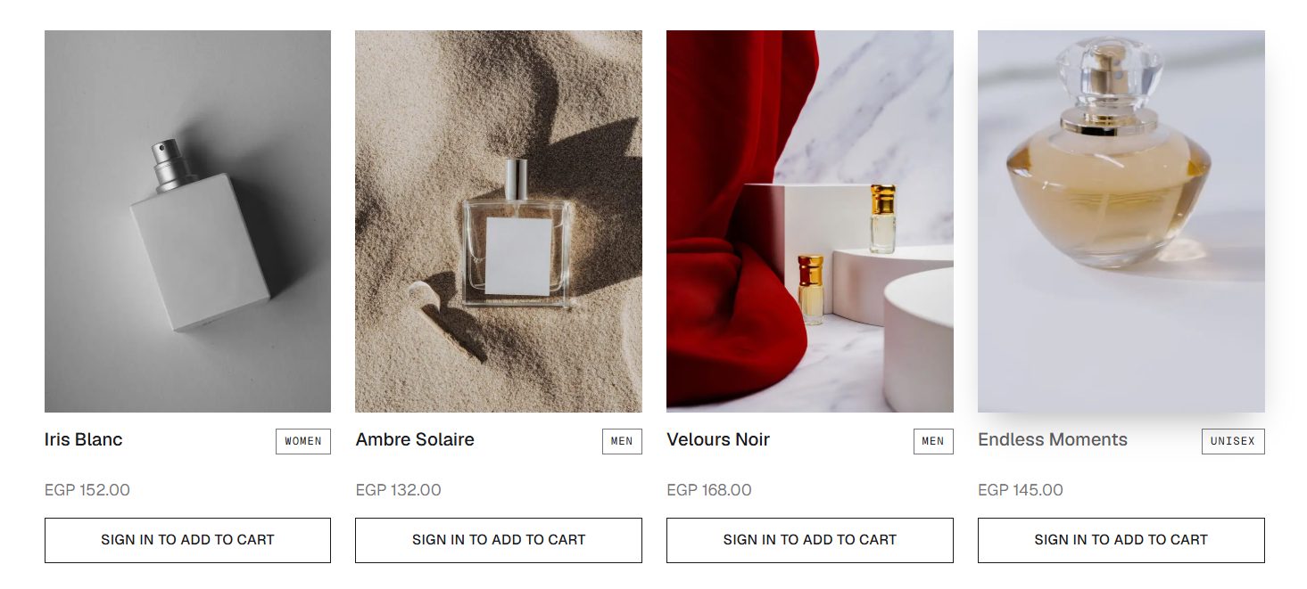 Fragrance collection grid with product cards and pricing