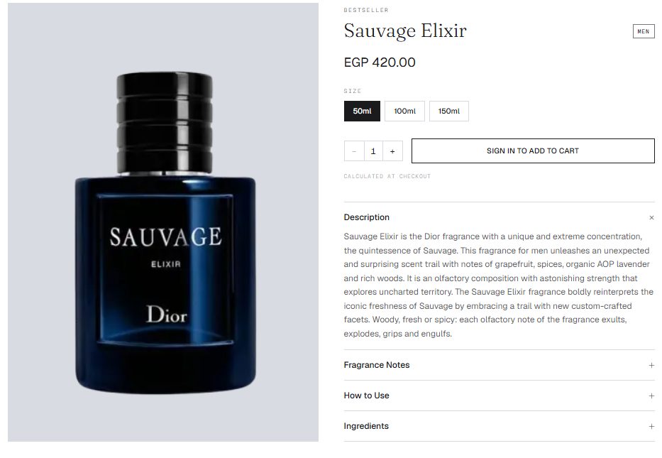 Product page for Sauvage Elixir with size selection and description